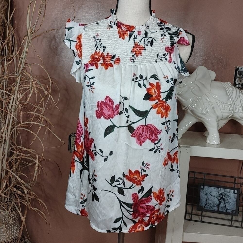 Old Navy Size Xs White Pink Red Floral Blouse Top Sheer Frill Rouched Stretchy